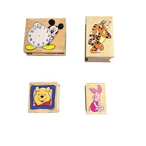 4 Disney Winnie‎ The Pooh & Mickey Wood Mounted Rubber Stamps All Night Media
